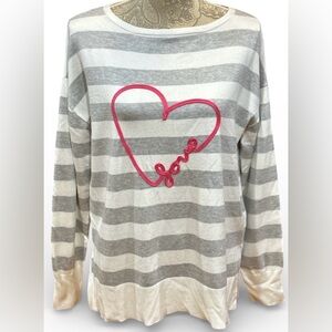 Marled Gray/White Striped Sweater with Pink Embroidered Heart Love Medium NWOT